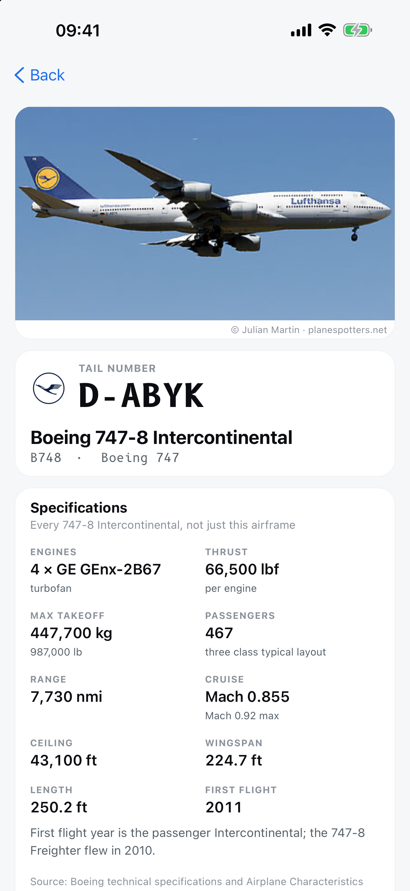 Lufthansa D-ABYK, a Boeing 747-8 Intercontinental, with an aircraft photograph, tail number and model specifications including engines, range and dimensions. Captured example in day mode.