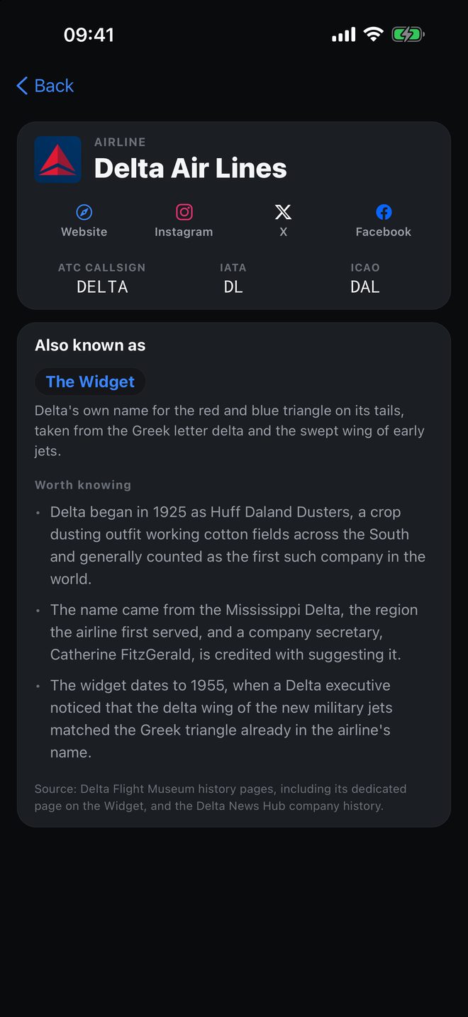 The airline page in the night theme.