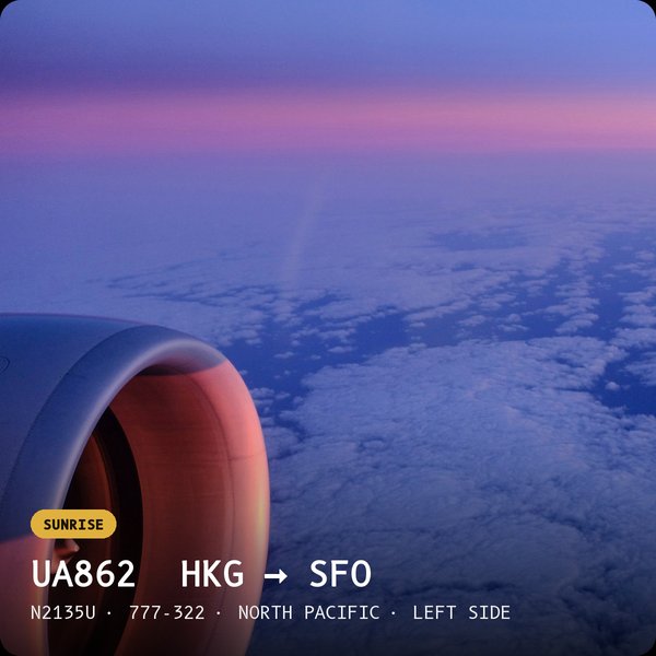A photo card from United UA862, HKG to SFO, over the North Pacific from the left side of Boeing 777-322 N2135U